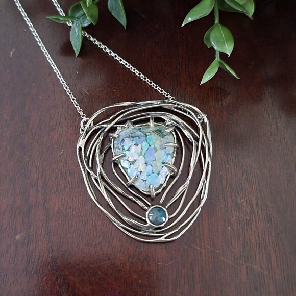 Roman Glass Sterling Silver Pendant Necklace Statement Jewelry